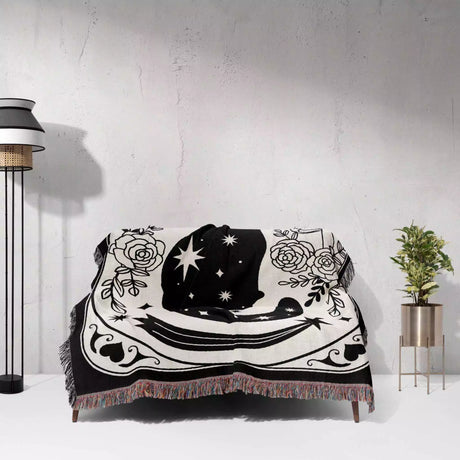 Black Cat Tarot Card The Star Black and White Woven Throw Blanket and Tapestry - DesignerOllie.com