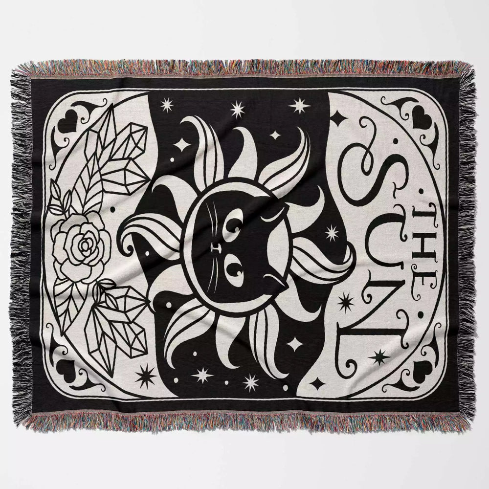 Black Cat Tarot Card The Sun Black and White Woven Throw Blanket and Tapestry - DesignerOllie.com