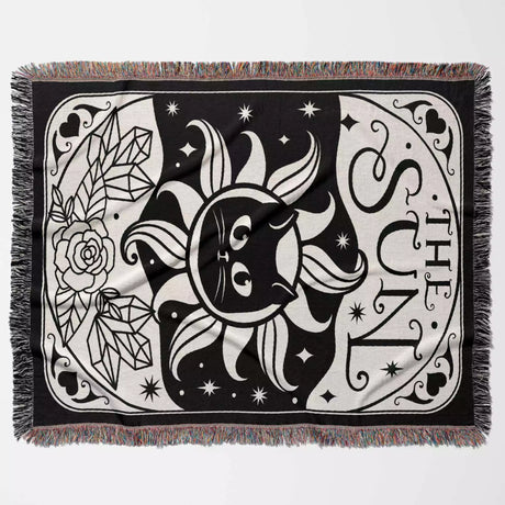 Black Cat Tarot Card The Sun Black and White Woven Throw Blanket and Tapestry - DesignerOllie.com