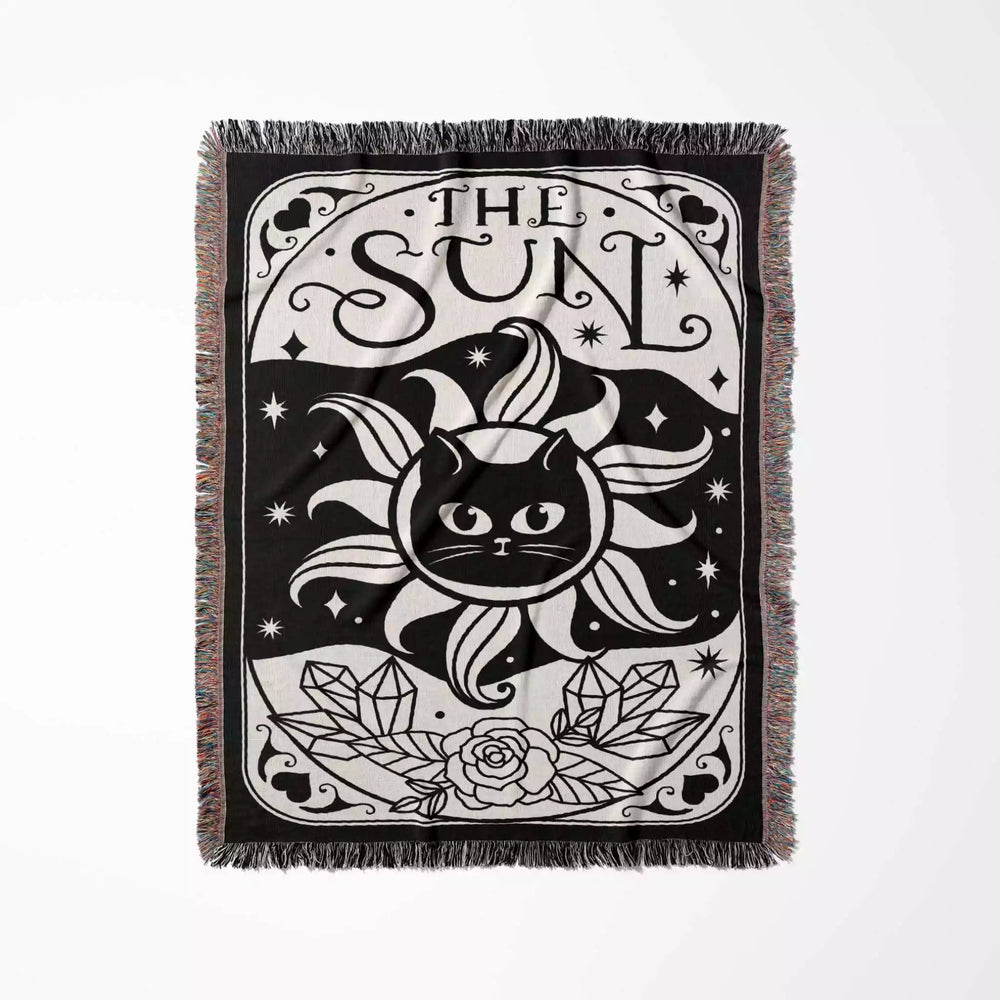 Black Cat Tarot Card The Sun Black and White Woven Throw Blanket and Tapestry - DesignerOllie.com