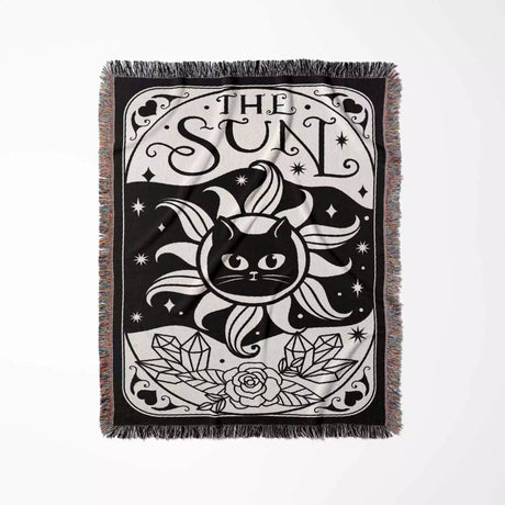 Black Cat Tarot Card The Sun Black and White Woven Throw Blanket and Tapestry - DesignerOllie.com