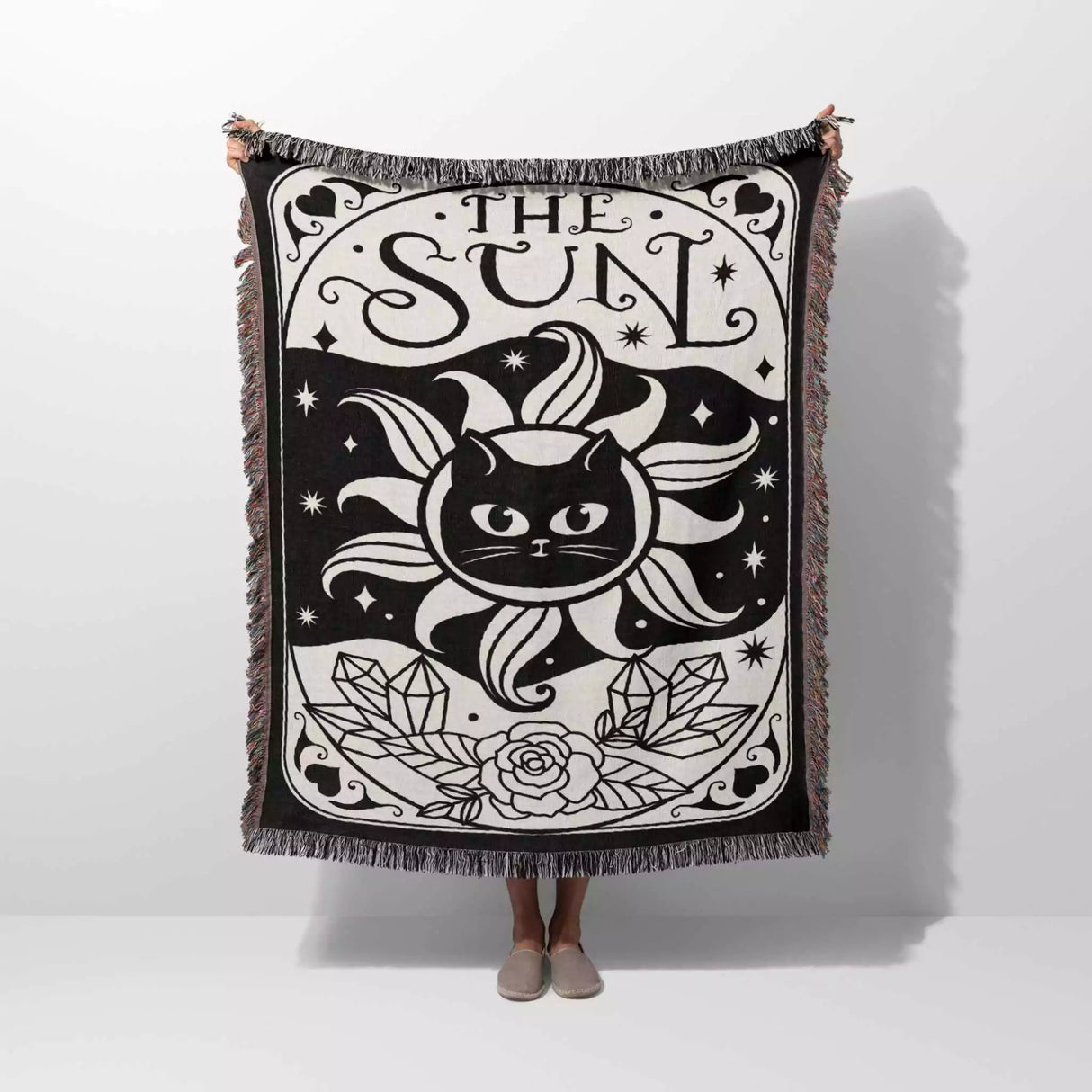 Black Cat Tarot Card The Sun Black and White Woven Throw Blanket and Tapestry - DesignerOllie.com