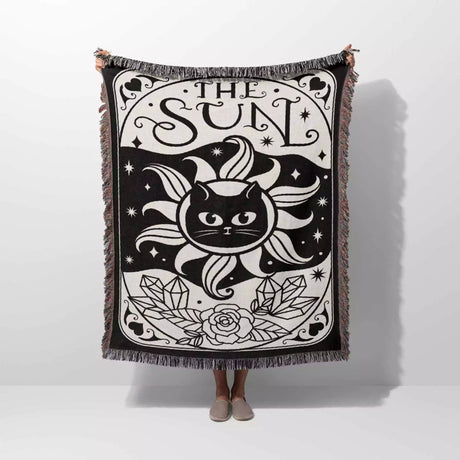 Black Cat Tarot Card The Sun Black and White Woven Throw Blanket and Tapestry - DesignerOllie.com