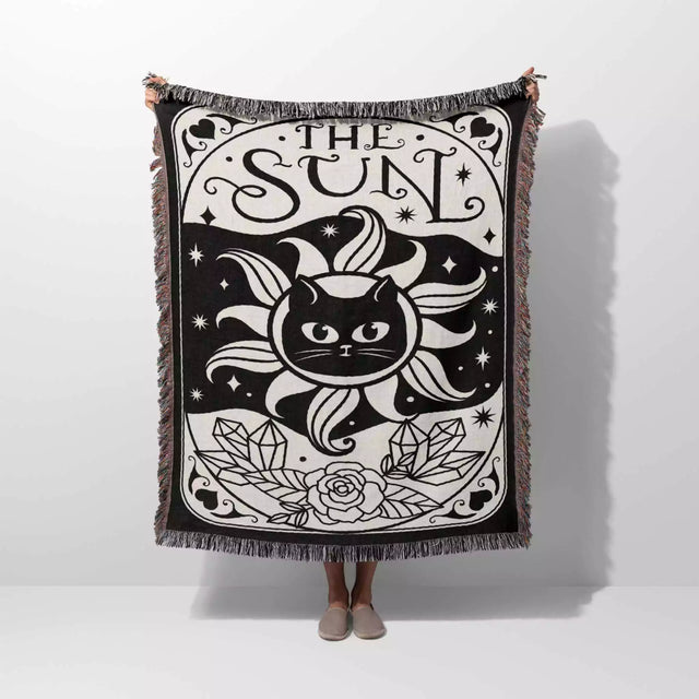 Black Cat Tarot Card The Sun Black and White Woven Throw Blanket and Tapestry - DesignerOllie.com