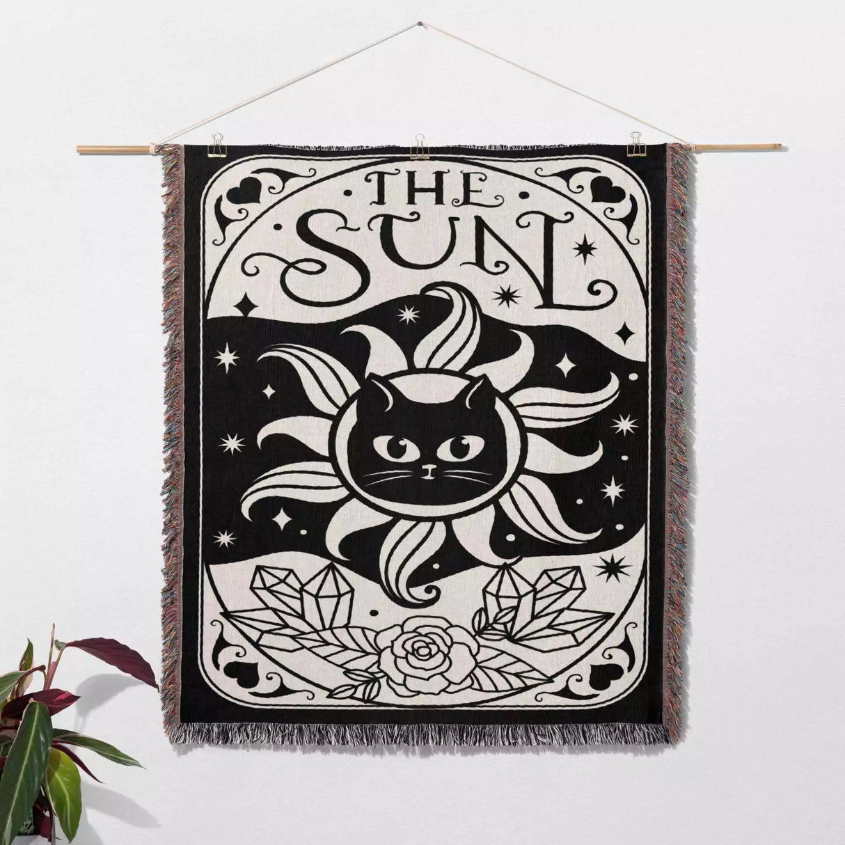 Black Cat Tarot Card The Sun Black and White Woven Throw Blanket and Tapestry - DesignerOllie.com