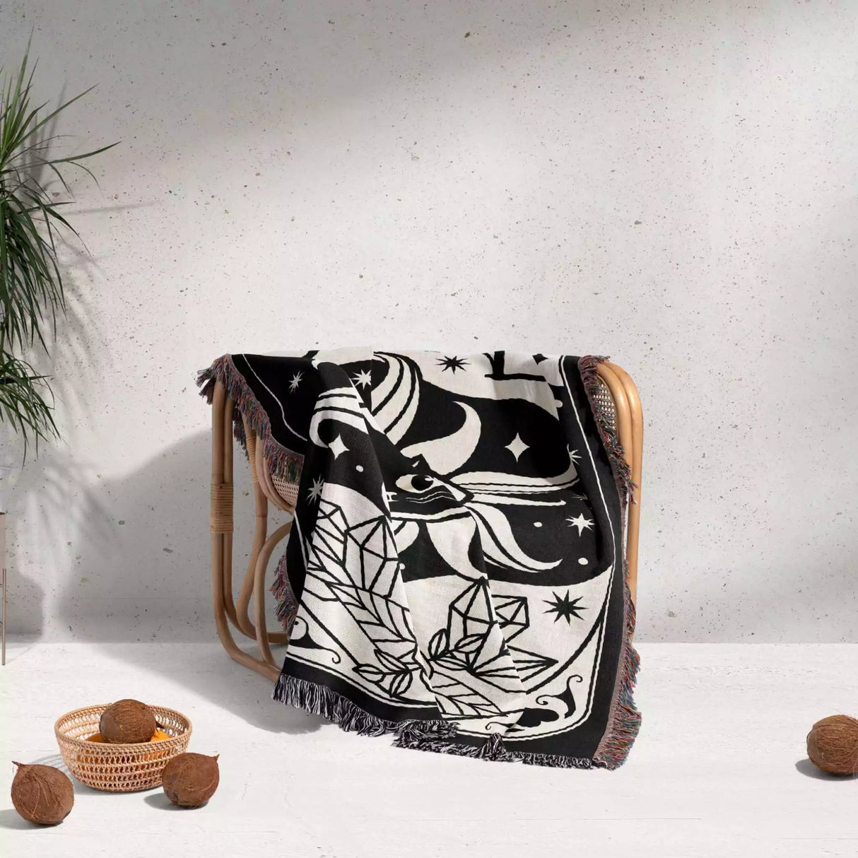 Black Cat Tarot Card The Sun Black and White Woven Throw Blanket and Tapestry - DesignerOllie.com