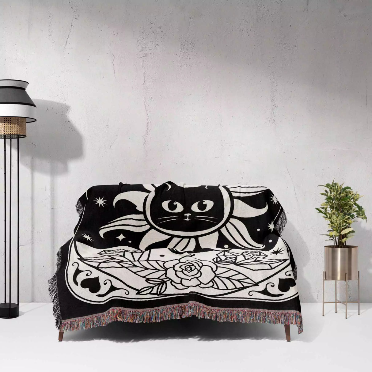 Black Cat Tarot Card The Sun Black and White Woven Throw Blanket and Tapestry - DesignerOllie.com