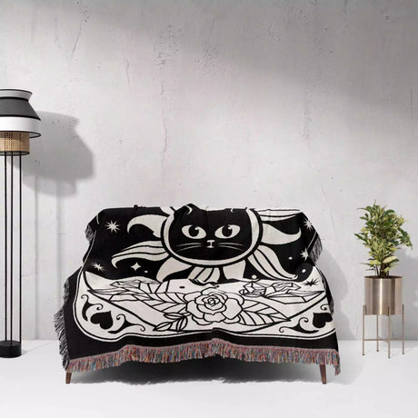 Black Cat Tarot Card The Sun Black and White Woven Throw Blanket and Tapestry - DesignerOllie.com