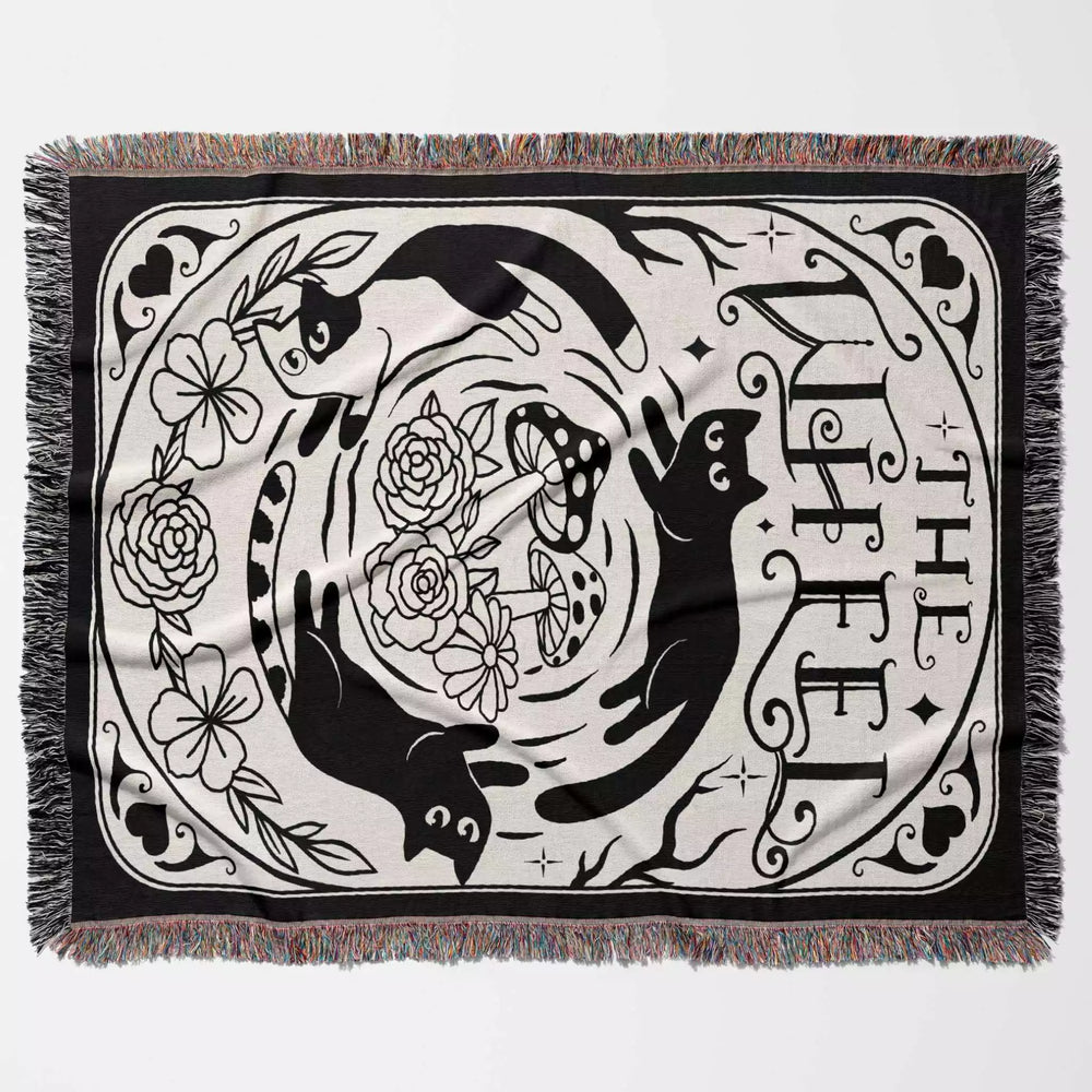 Black Cat Tarot Card The Wheel Black and White Woven Throw Blanket and Tapestry - DesignerOllie.com