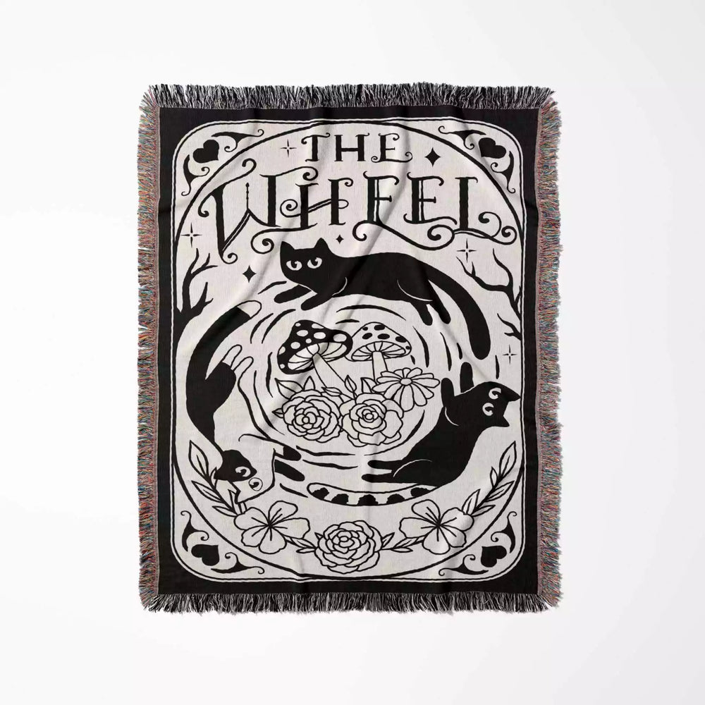 Black Cat Tarot Card The Wheel Black and White Woven Throw Blanket and Tapestry - DesignerOllie.com
