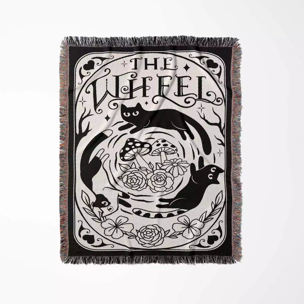 Black Cat Tarot Card The Wheel Black and White Woven Throw Blanket and Tapestry - DesignerOllie.com