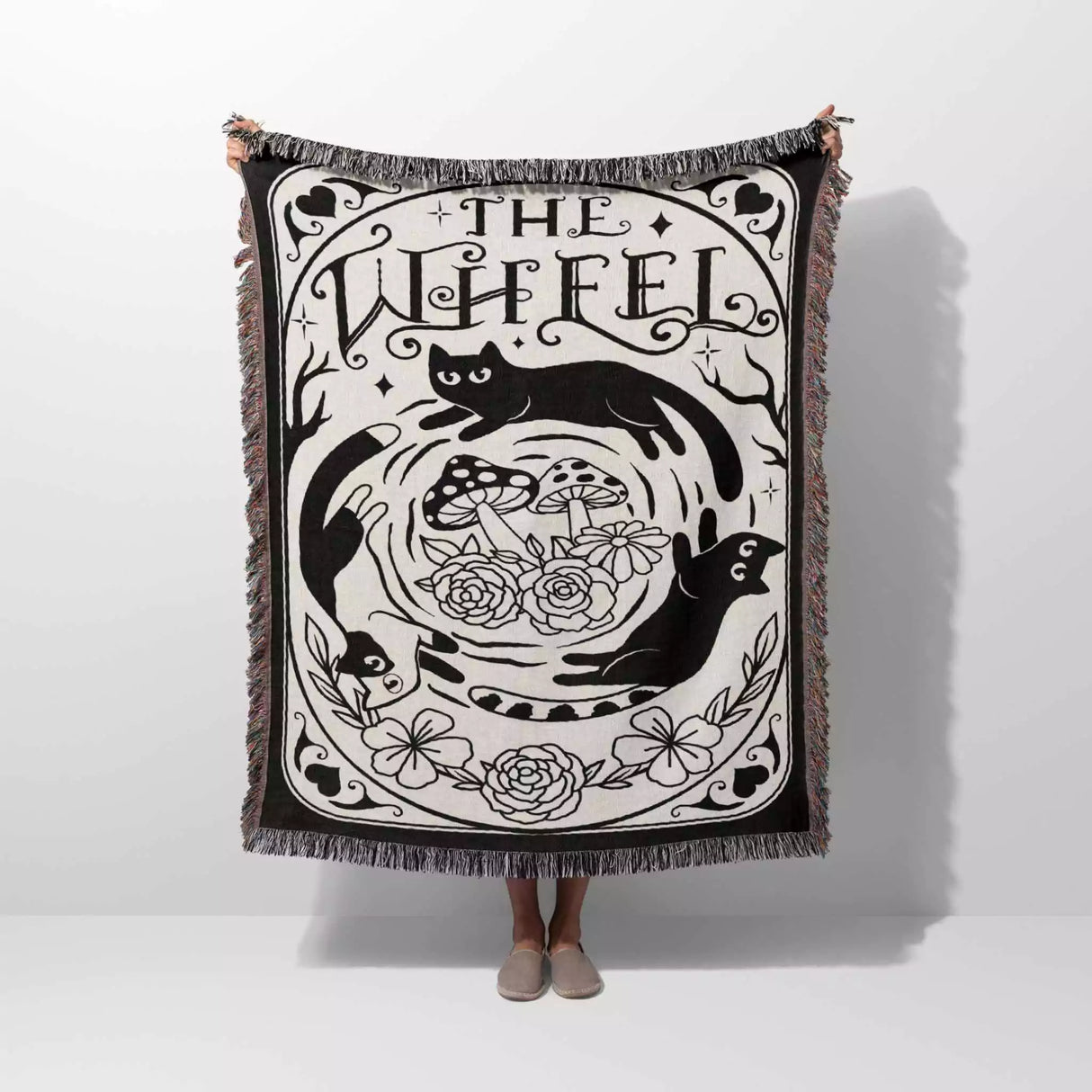 Black Cat Tarot Card The Wheel Black and White Woven Throw Blanket and Tapestry - DesignerOllie.com