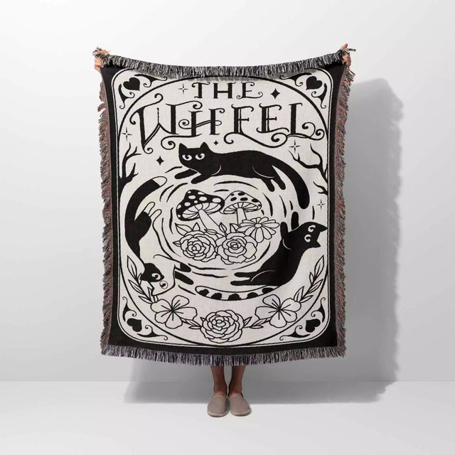 Black Cat Tarot Card The Wheel Black and White Woven Throw Blanket and Tapestry - DesignerOllie.com
