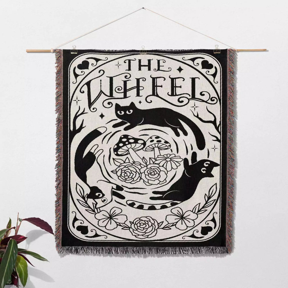 Black Cat Tarot Card The Wheel Black and White Woven Throw Blanket and Tapestry - DesignerOllie.com