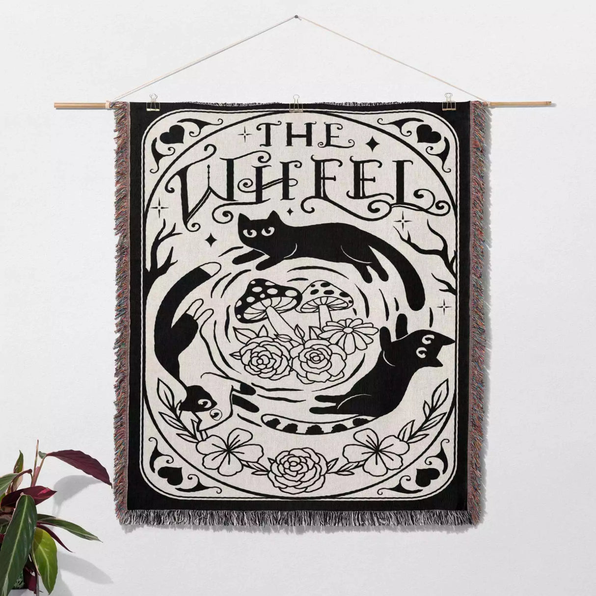 Black Cat Tarot Card The Wheel Black and White Woven Throw Blanket and Tapestry - DesignerOllie.com
