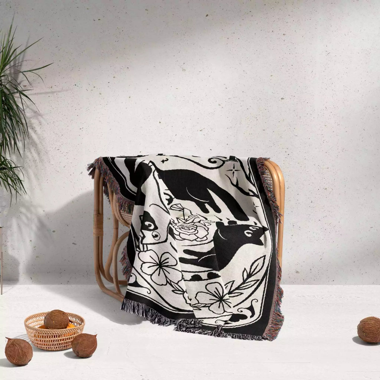Black Cat Tarot Card The Wheel Black and White Woven Throw Blanket and Tapestry - DesignerOllie.com