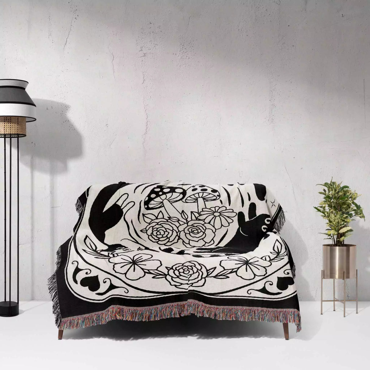 Black Cat Tarot Card The Wheel Black and White Woven Throw Blanket and Tapestry - DesignerOllie.com