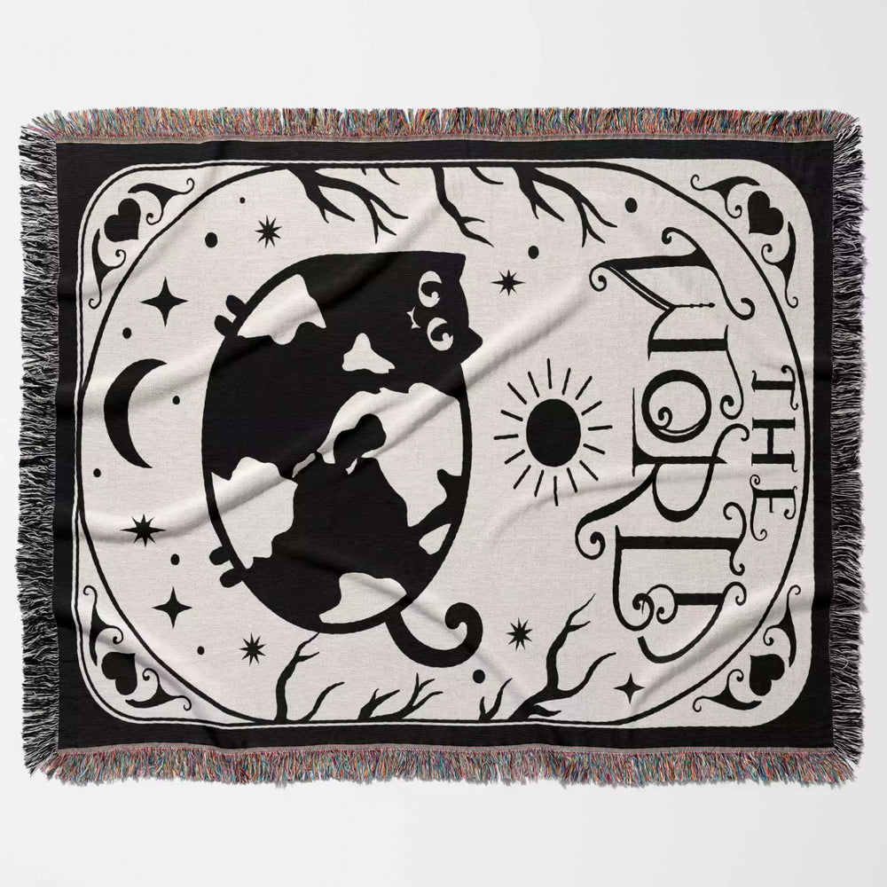 Black Cat Tarot Card The World Black and White Woven Throw Blanket and Tapestry - DesignerOllie.com