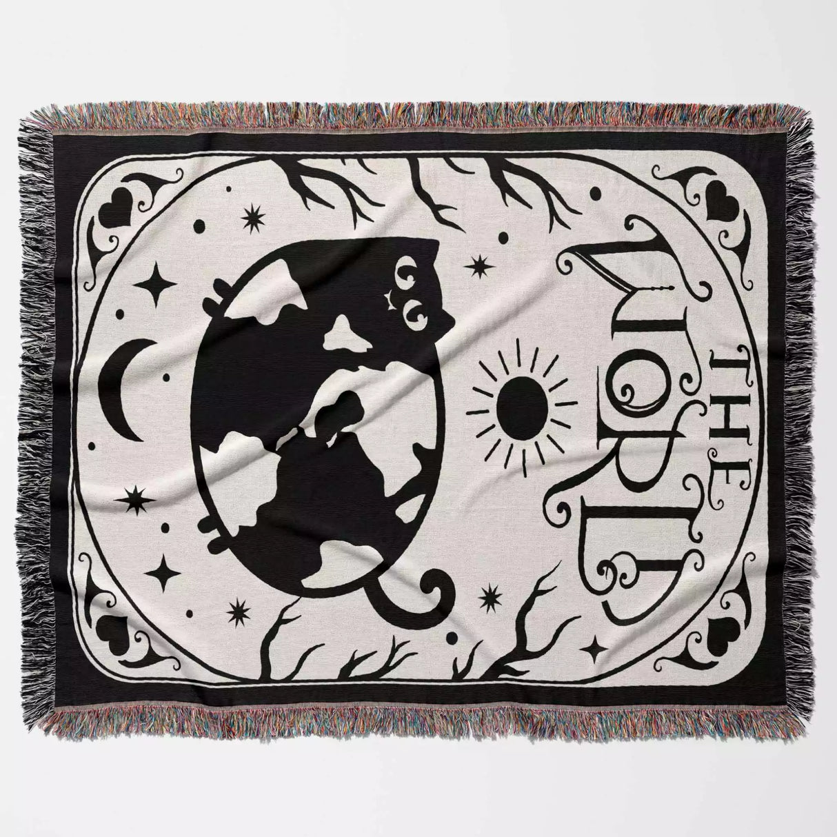 Black Cat Tarot Card The World Black and White Woven Throw Blanket and Tapestry - DesignerOllie.com