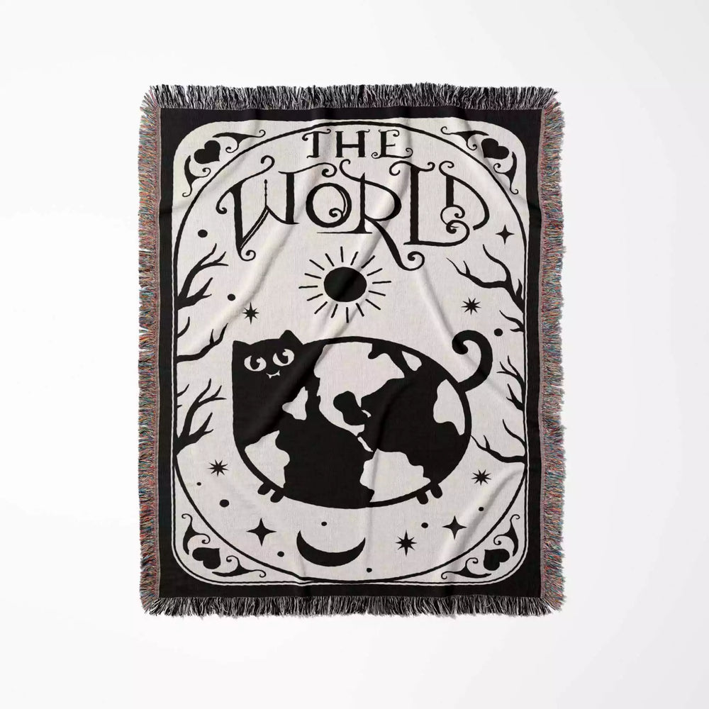 Black Cat Tarot Card The World Black and White Woven Throw Blanket and Tapestry - DesignerOllie.com