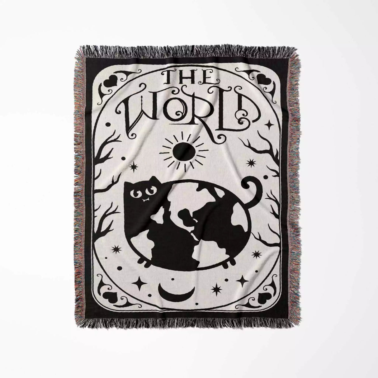 Black Cat Tarot Card The World Black and White Woven Throw Blanket and Tapestry - DesignerOllie.com