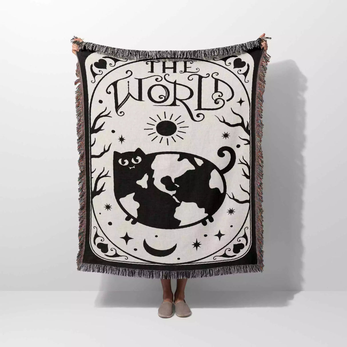 Black Cat Tarot Card The World Black and White Woven Throw Blanket and Tapestry - DesignerOllie.com