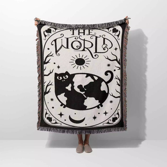 Black Cat Tarot Card The World Black and White Woven Throw Blanket and Tapestry - DesignerOllie.com