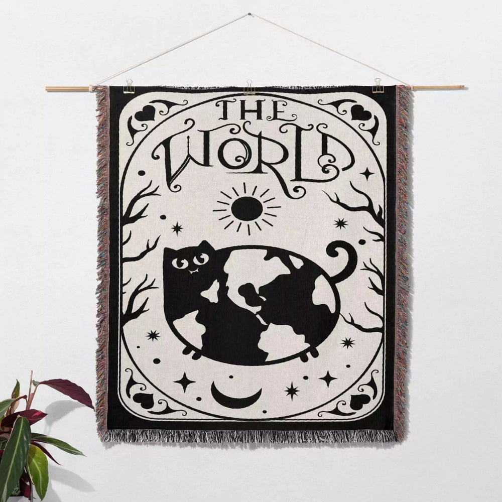 Black Cat Tarot Card The World Black and White Woven Throw Blanket and Tapestry - DesignerOllie.com