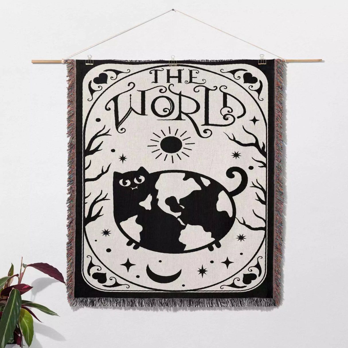 Black Cat Tarot Card The World Black and White Woven Throw Blanket and Tapestry - DesignerOllie.com
