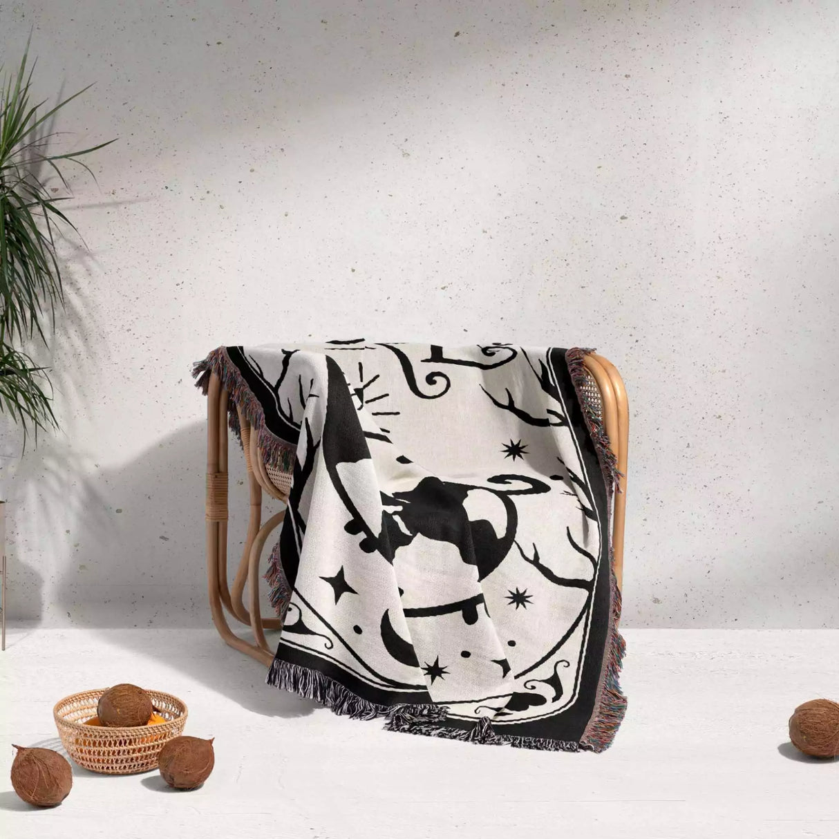 Black Cat Tarot Card The World Black and White Woven Throw Blanket and Tapestry - DesignerOllie.com