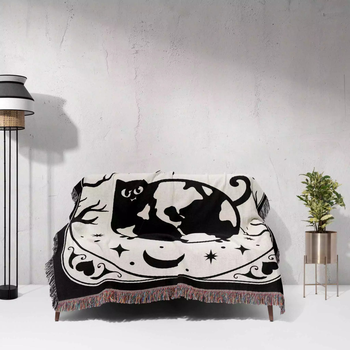 Black Cat Tarot Card The World Black and White Woven Throw Blanket and Tapestry - DesignerOllie.com