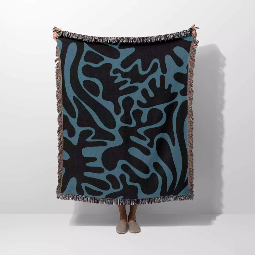 Black and Blue Coral Matisse Woven Throw Blanket - DesignerOllie.com