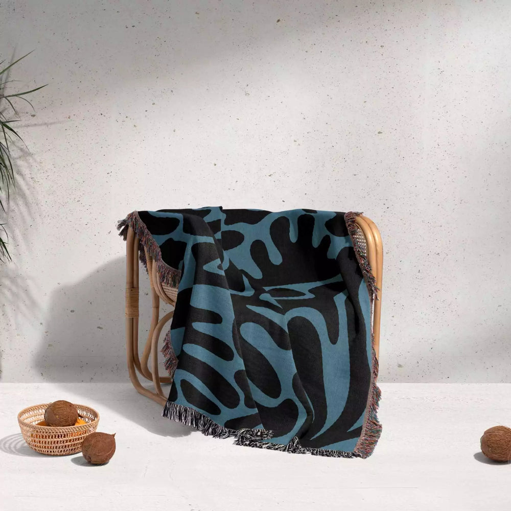 Black and Blue Coral Matisse Woven Throw Blanket - DesignerOllie.com