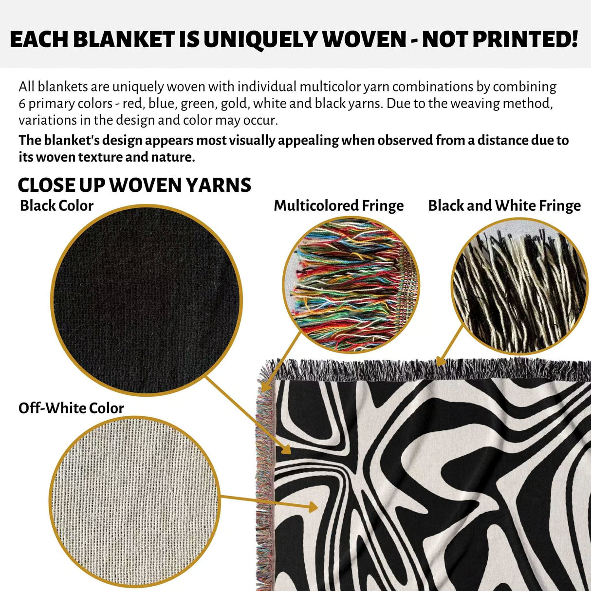 Product description of black and white marble woven throw blanket for couch with close-up details and color options.