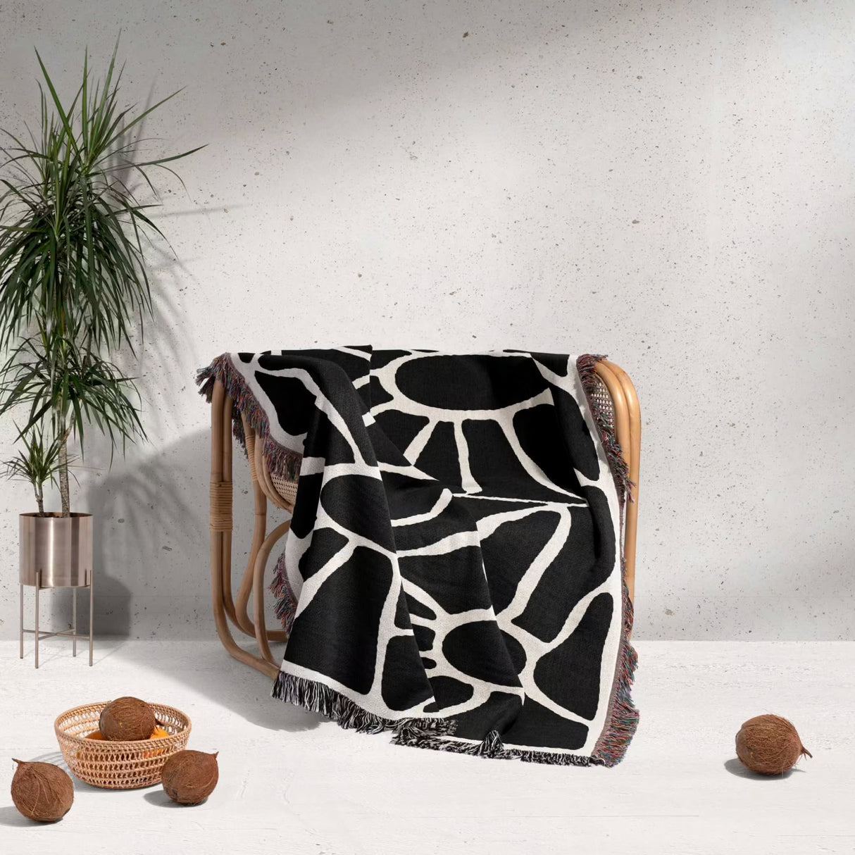 Black and white Matisse tapestry throw blanket for couch draped over a chair with a plant and coconuts in the background.