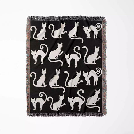 Black and White Spooky Cats Woven Throw Blanket - DesignerOllie.com