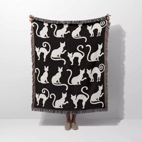 Black and White Spooky Cats Woven Throw Blanket - DesignerOllie.com