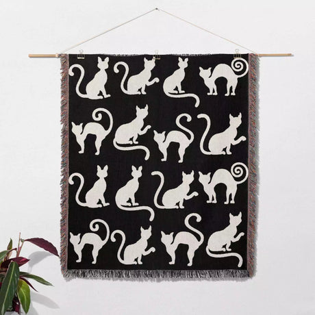 Black and White Spooky Cats Woven Throw Blanket - DesignerOllie.com