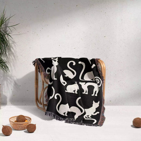 Black and White Spooky Cats Woven Throw Blanket - DesignerOllie.com
