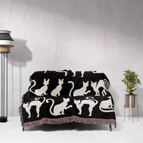 Black and White Spooky Cats Woven Throw Blanket - DesignerOllie.com