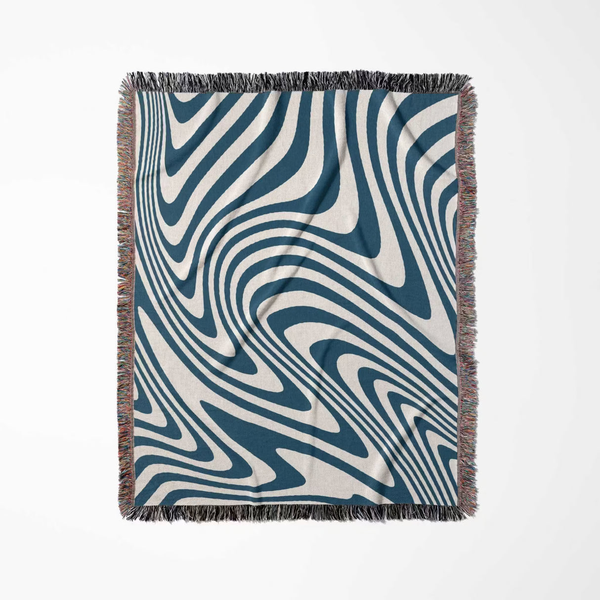 Blue cotton modern decorative woven throw blanket with blue and white abstract pattern on a white background