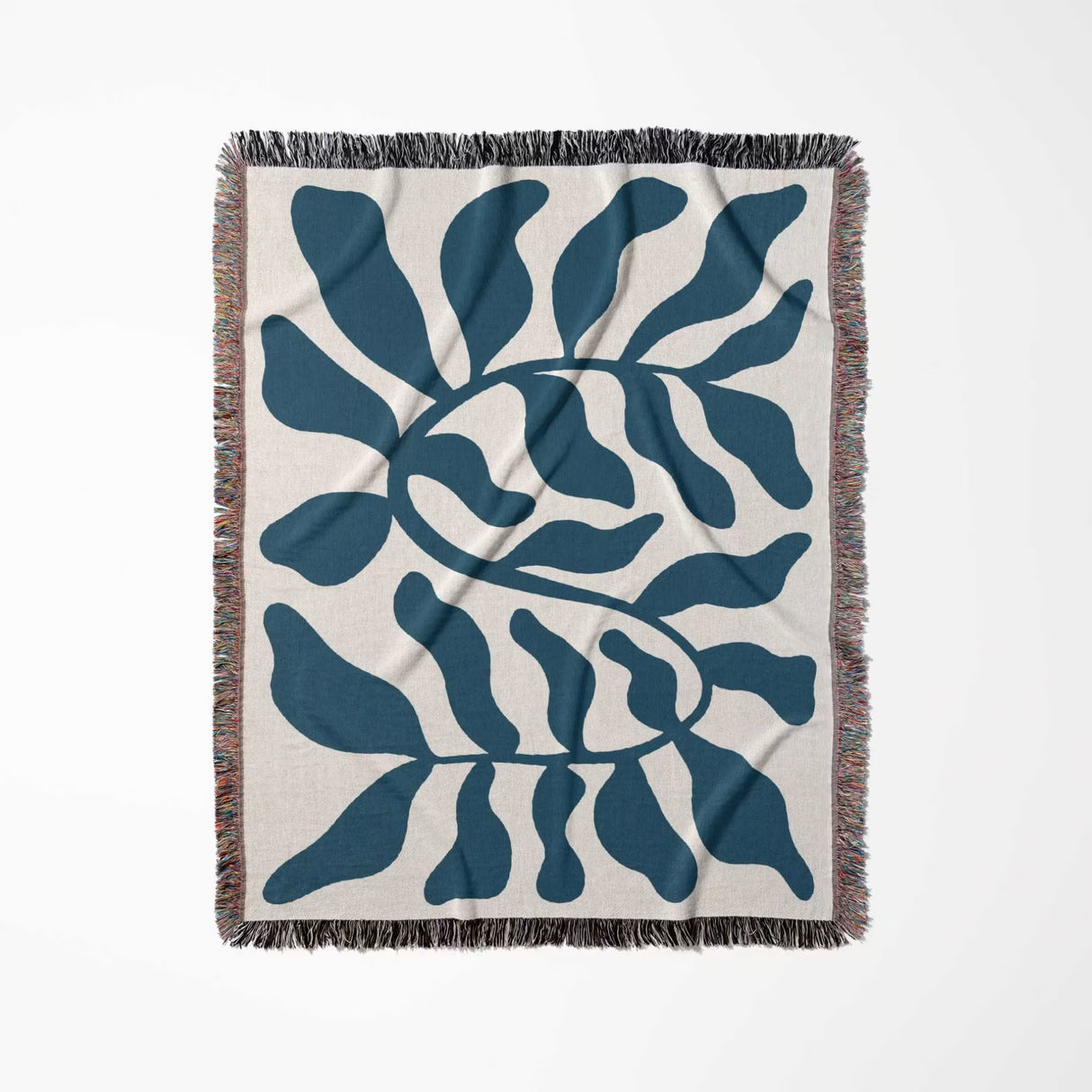 Blue leaf Matisse throw blanket full view a white background