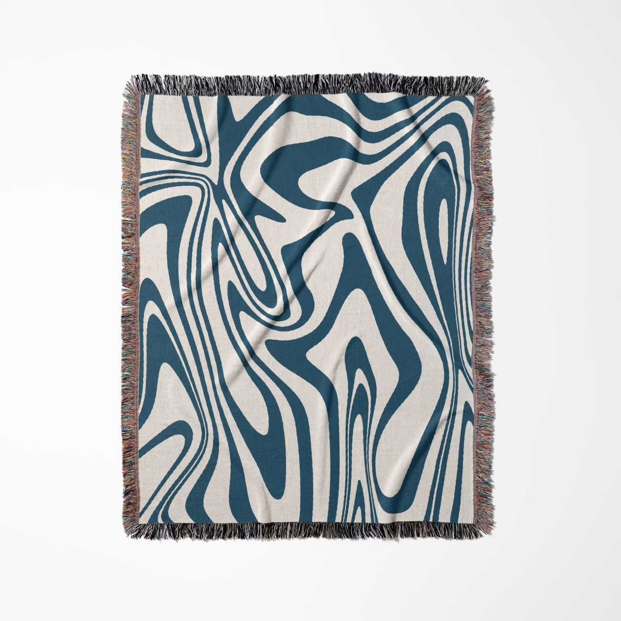 Blue marble woven throw blanket for couch with abstract blue and white pattern on a white background