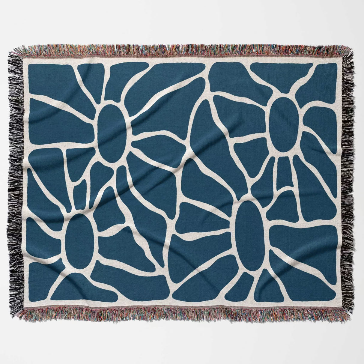 Blue Matisse tapestry throw blanket for couch and bed with fringe horizontally flat on a white background