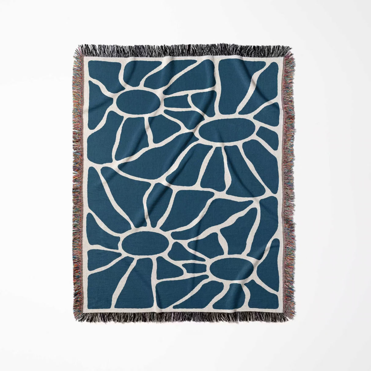 Blue Matisse tapestry throw blanket for couch and bed with fringe vertically flat on a white background