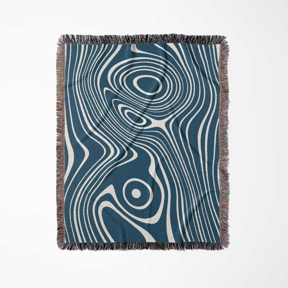 Blue trendy abstract woven throw blanket with abstract pattern on a white background