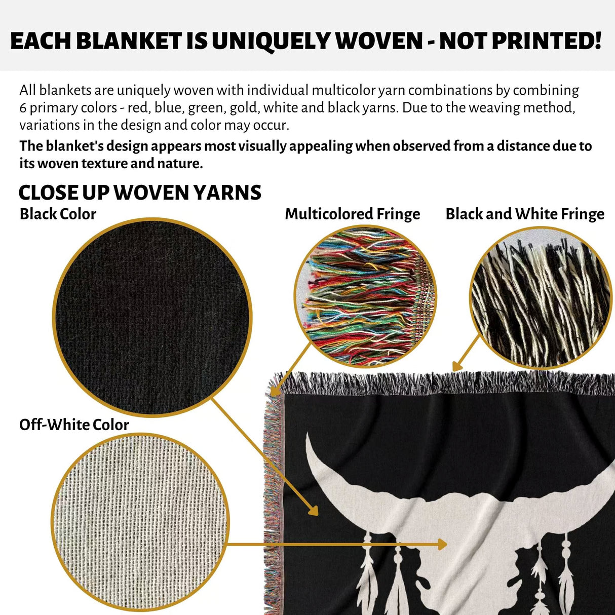 Bull skull boho wedding 2nd anniversary gift woven throw blanket with woven texture and multicolor yarns, featuring close-up details of yarn colors and fringes.