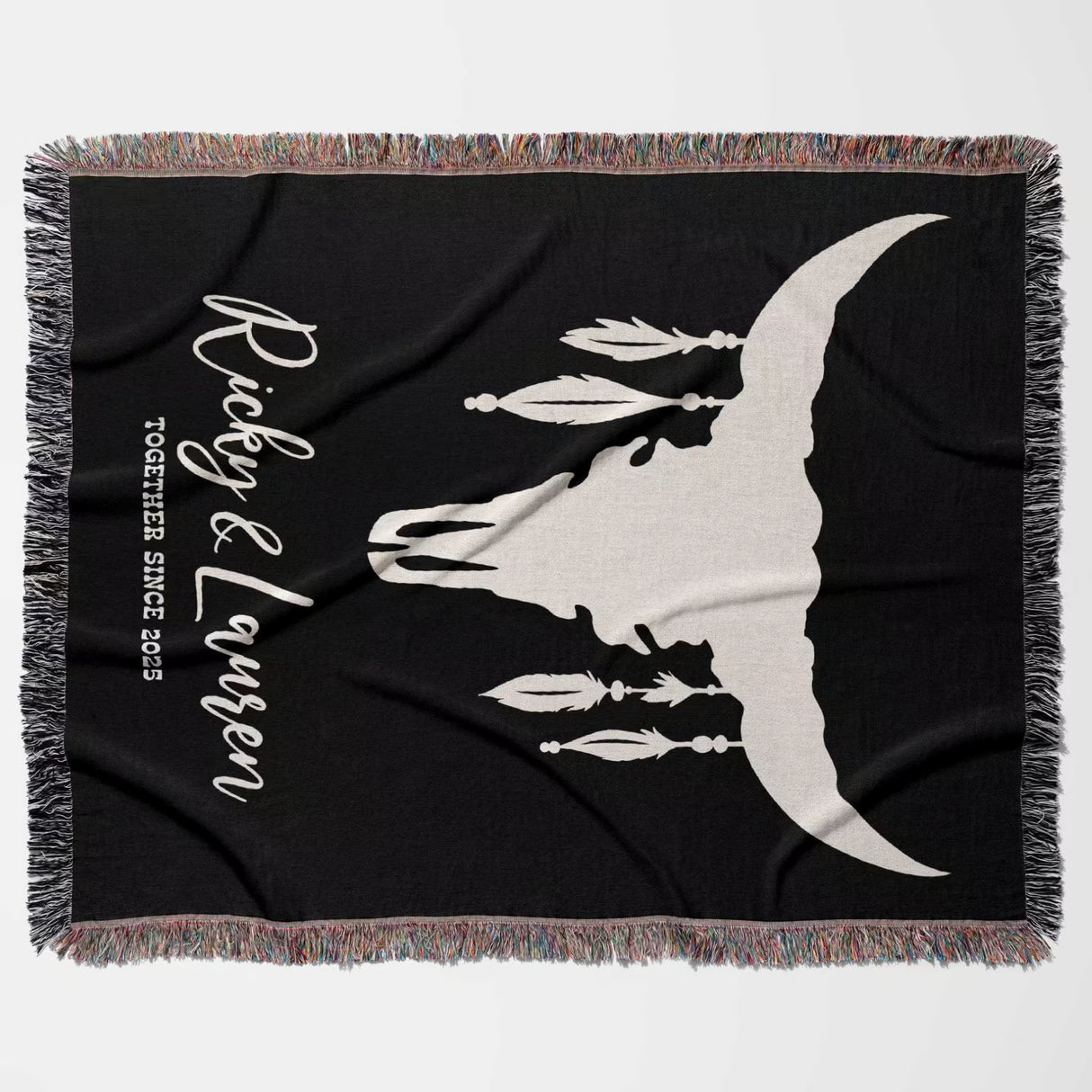 Bull skull boho wedding 2nd anniversary gift woven throw blanket flat lay with white silhouette design and text on a white background