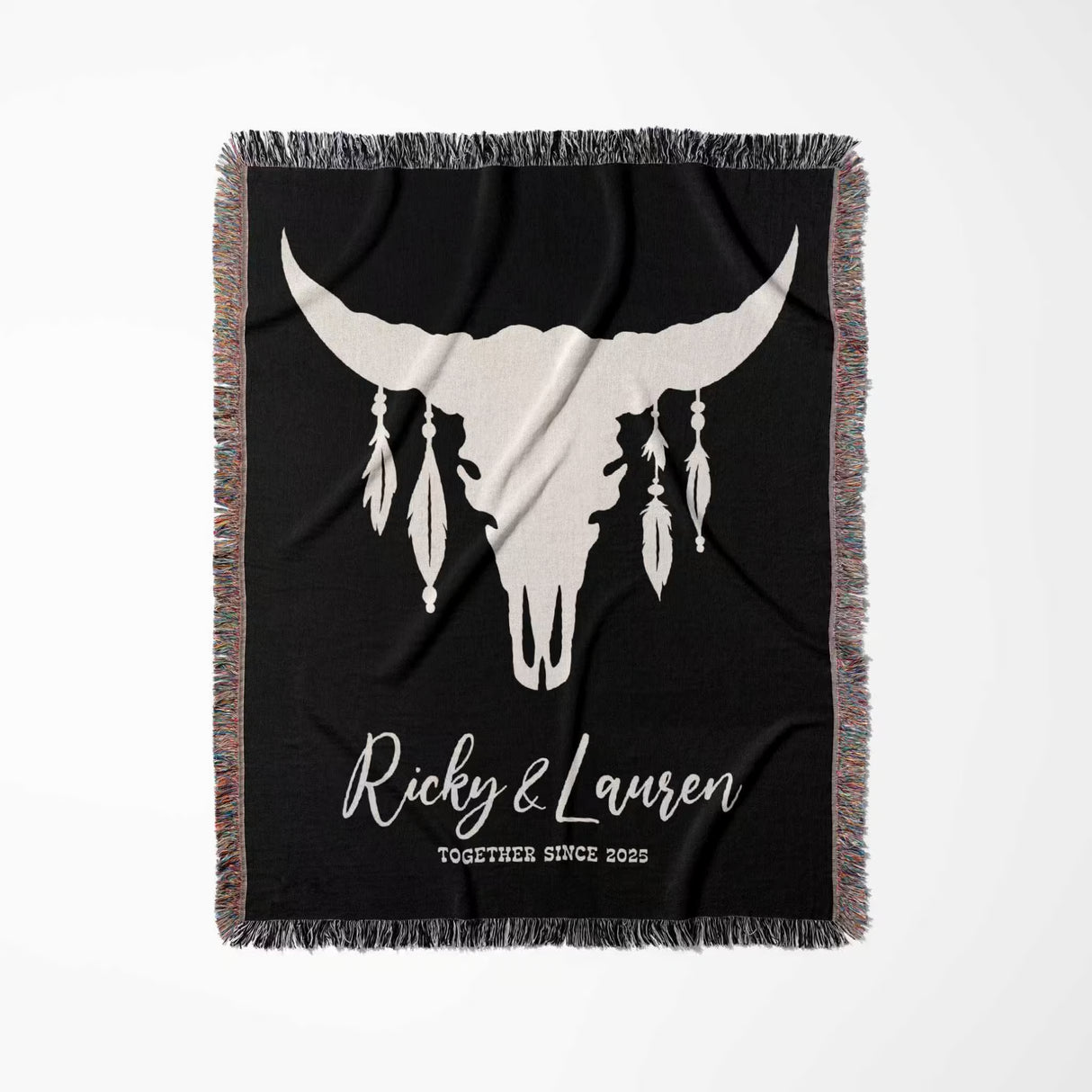 Bull skull boho wedding 2nd anniversary gift woven throw blanket full view white bull skull design and personalized text on a white background