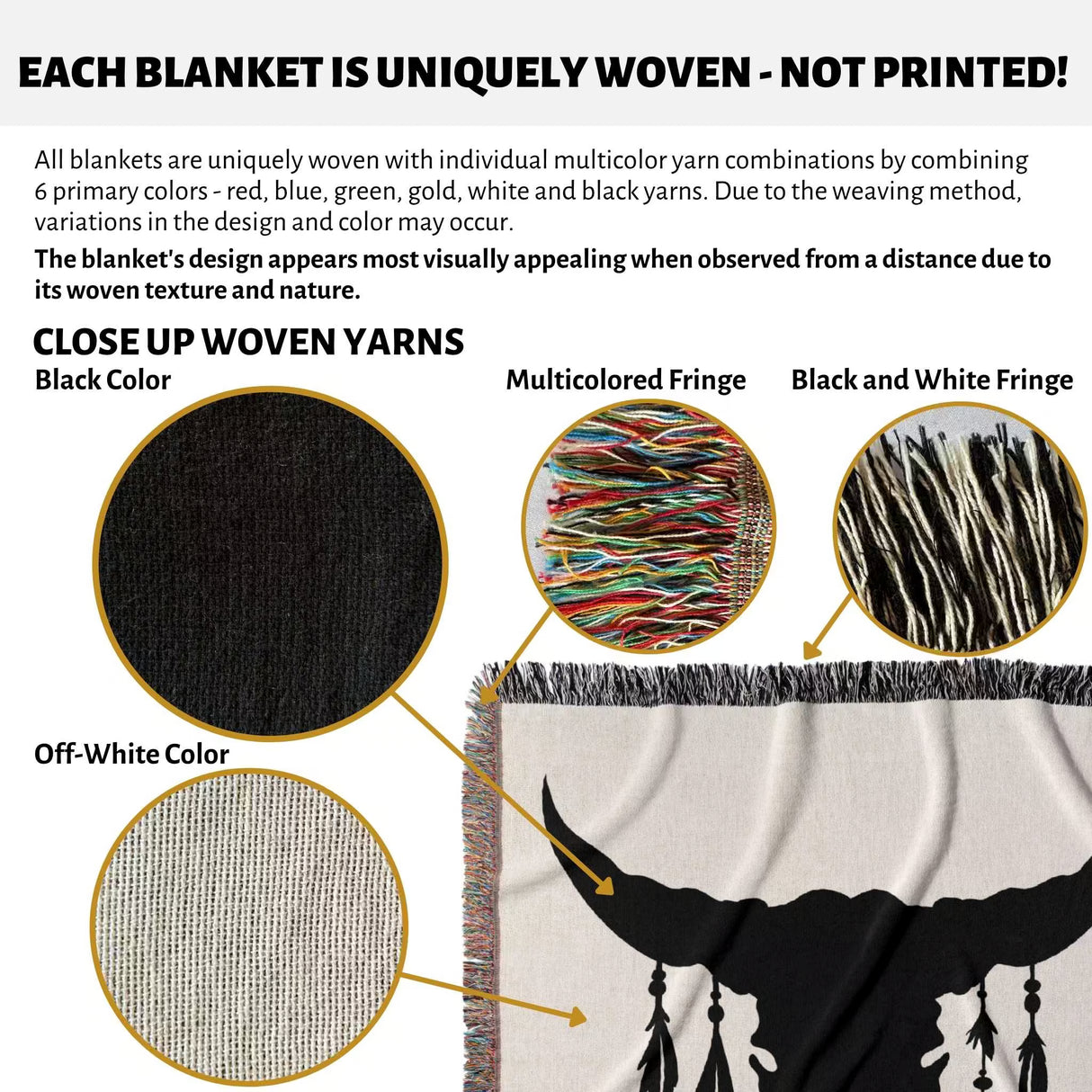 Bull skull boho wedding cotton anniversary gift – woven throw blanket with woven texture and multicolor yarns, featuring close-up details of yarn colors and patterns.